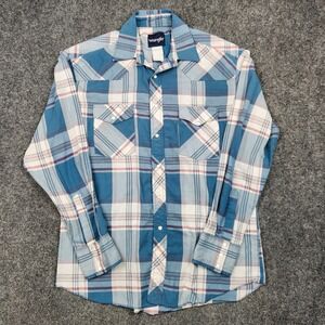 Wrangler Shirt Mens Large Plaid Blue Pearl Snap Western Long Sleeve‎ Casual Work